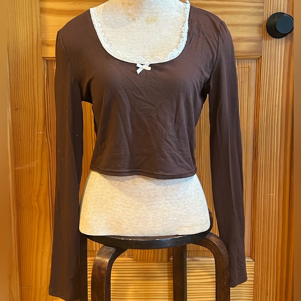 ROMWE Brown Long Sleeve Crop with Lace Trim